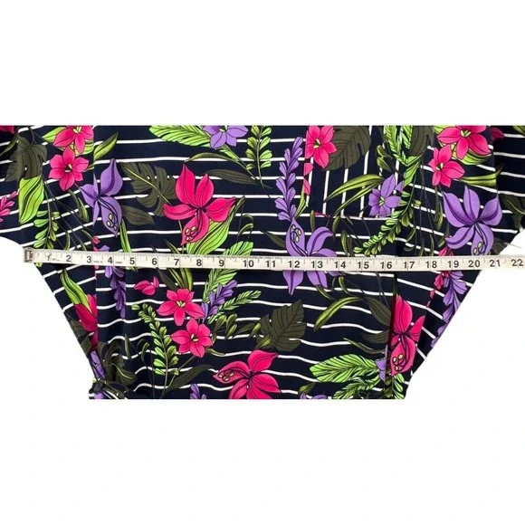 Lands End Floral Stripe T Shirt Dress Womens XL Navy Tropical Belted Modest - Picture 7 of 16